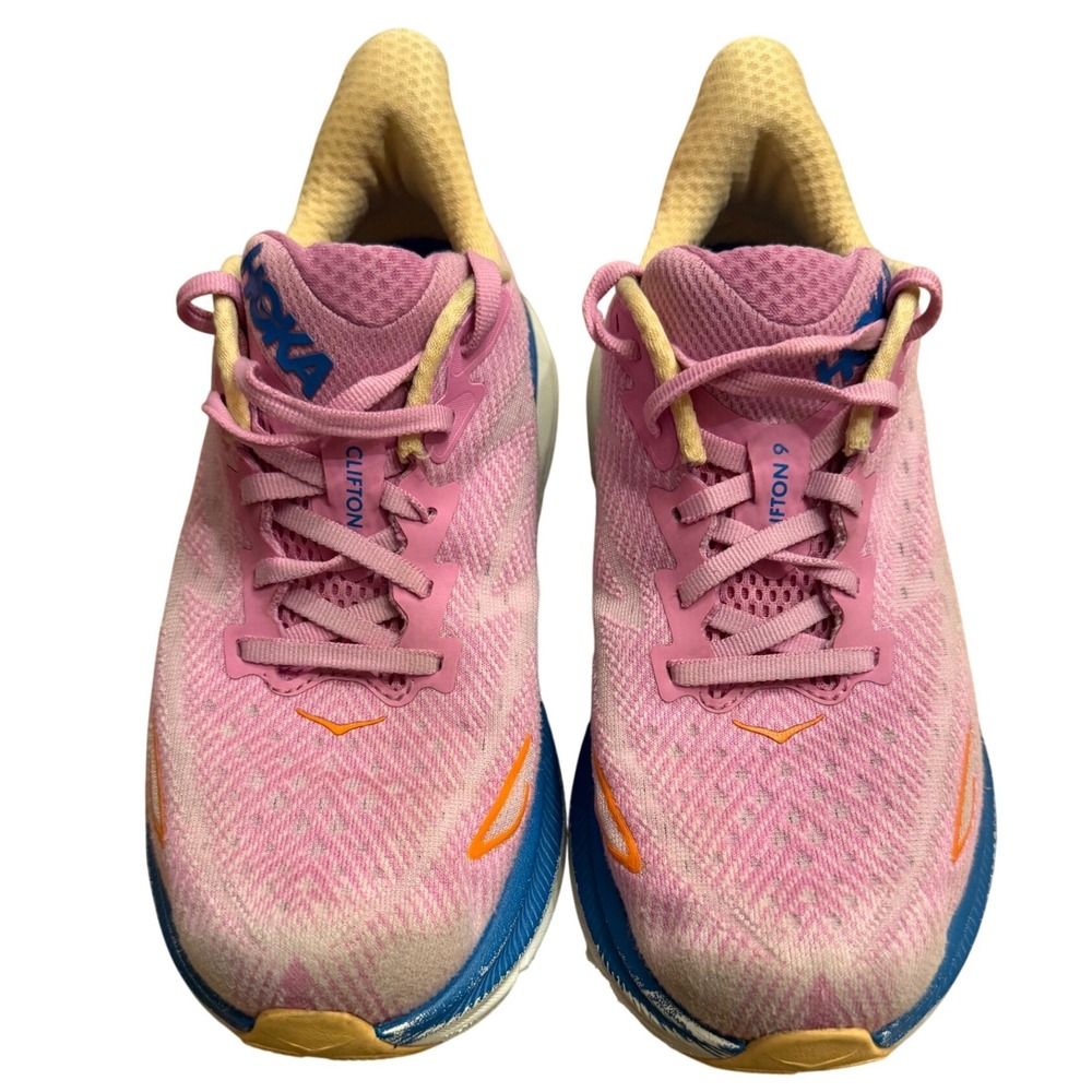 Hoka Clifton 9 Wide Pink Blue Orange Running Shoes  Womens 6D - Picture 2 of 9